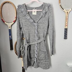 Lapis button down grey sweater size large wool tie waist penny lane Duster lapis